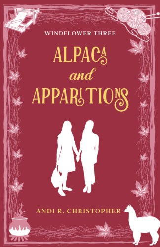 alpaca and apparitions cover has a couple holding hands on the cover, wool, loom, alpaca and a cauldron in the corners